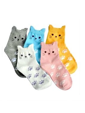 Cute cat socks 5 pairs yellow pink white blue grey gray new in packaging